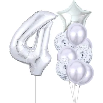 Balónek Sada 10 stříbrných balónků ke čtvrtým narozeninám - fólie a latex, výška číslice 81 cm, velikost hvězdy 45 cm