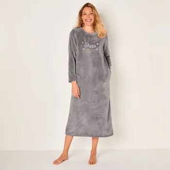 Dámská noční košile Blancheporte Fleecová noční košile s výšivkou hvězd šedá 38/40