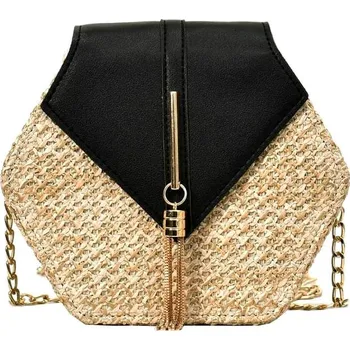 Kabelka Elegantní Slaměná Kabelka s Kovovým Řetízkem, Zlaté Kování, 20x18x7 cm