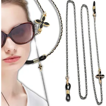 Řetízek na brýle s černými květinovými korálky, kovový materiál