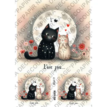 Umělecký papír Rýžový a soft papír na decoupage - Kočky LOVE - KB01732 Materiál: Soft, Rozměr: A4