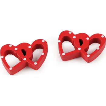 Dřevěné dvojité srdce samolepicí, malé, 4 červená puntíky