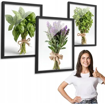 Obraz Sada 3 obrazů VZOR ROSTLINY BYLINKY s černým rámem 50x70 tryptych do kuchyně