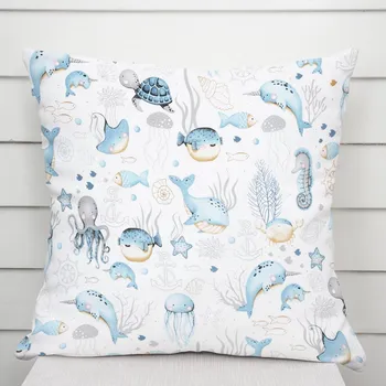 Povlak na dekorativní polštářek Dětský bavlněný povlak na polštář Sandra SA-442 Mořský svět modrý na bílém 50 x 60 cm
