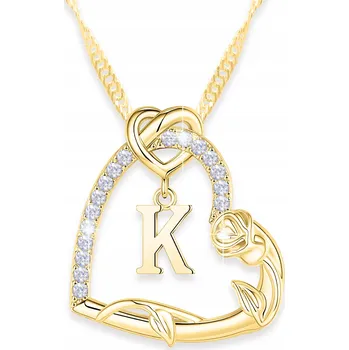 Náhrdelník Zlatý náhrdelník 925 srdce s písmenem pozlacený 585 květ života růže písmeno K