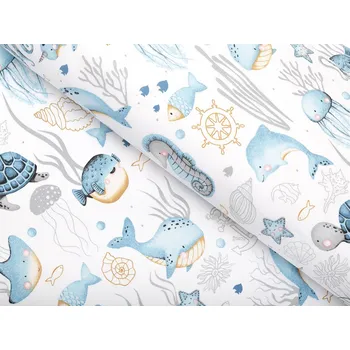Dětská bavlněná látka/plátno Sandra SA-442 Mořský svět modrý na bílém - šířka 160 cm