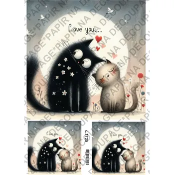 Umělecký papír Rýžový a soft papír na decoupage - Kočky LOVE - KB01735 Materiál: Soft, Rozměr: A4