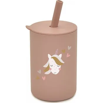 Silikonový hrnek s brčkem Jednorožec, 150 ml - pudrový
