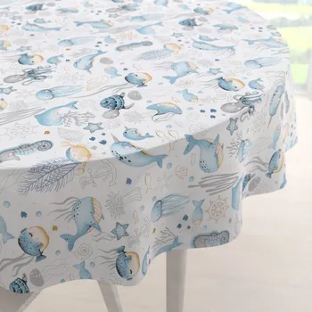 ubrus Dětský bavlněný kulatý ubrus Sandra SA-442 Mořský svět modrý na bílém Ø 40 cm
