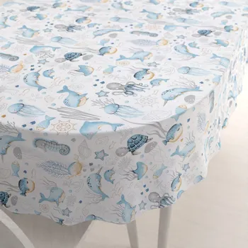 ubrus Dětský bavlněný oválný ubrus Sandra SA-442 Mořský svět modrý na bílém 80x120 cm