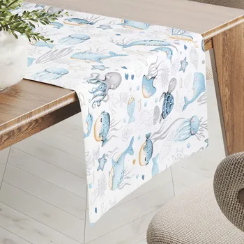 ubrus Dětský bavlněný běhoun na stůl Sandra SA-442 Mořský svět modrý na bílém 20x120 cm