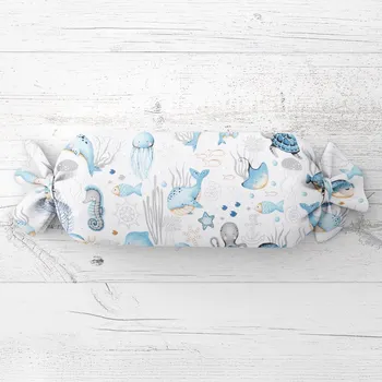 Dekorativní polštářek Dětský polštář válec bonbon Sandra SA-442 Mořský svět modrý na bílém 15x40 cm