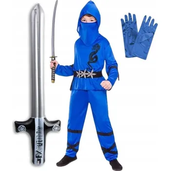 Karnevalový kostým KOSTÝM NINJA MODRÝ PŘEVLEK NA PLES KARNEVAL MEČ KATANA VELIKOST 116 122