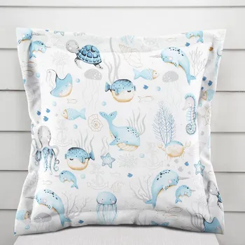 Povlak na polštářek Dětský bavlněný povlak na polštář s lemem Sandra SA-442 Mořský svět modrý na bílém 30 x 50 cm