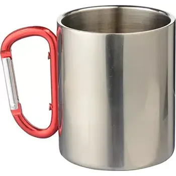 Termohrnek Hrnek kovový 300 ml s karabinou stříbrný s vlastním potiskem - Barva Červená