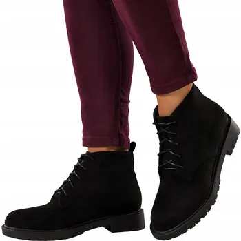 Dámská zimní obuv KOTNÍKOVÉ BOTY Černé Dámské Kotníkové Boty Se Zdobenou Podešví POHODLNÉ Šněrovací Semišové vel. 40