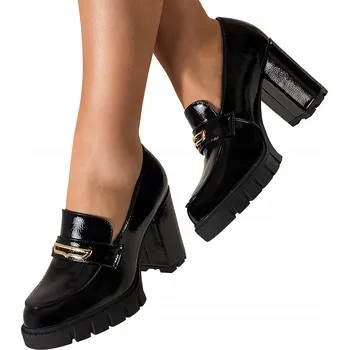 Dámské polobotky MOKASÍNY Černé Dámské LAKOVANÉ Nazouvací Polobotky na Podpatku Sloupku vel. 40