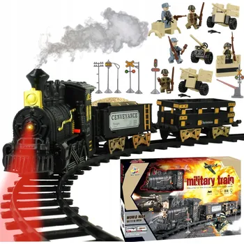 Vláček a vláčkodráha Elektrická vláčkodráha na baterie - lokomotiva s kouřem, vojáčci, trať 348 cm