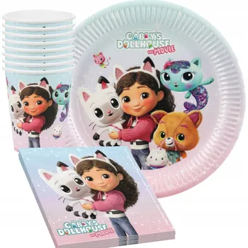 Party dekorace Sada Gábinin Kouzelný Domek Talířky, kelímky a ubrousky s licencí pro 6 osob, 36 dílů.