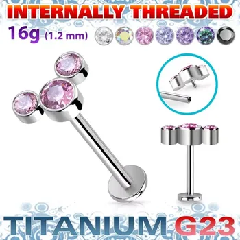 Piercing Titanový piercing G23 se třemi kulatými krystaly ULBIN9 InfinityPierce.cz (Luxusní titanový piercing v barvě oceli s kamínky různých barev ULBIN9)