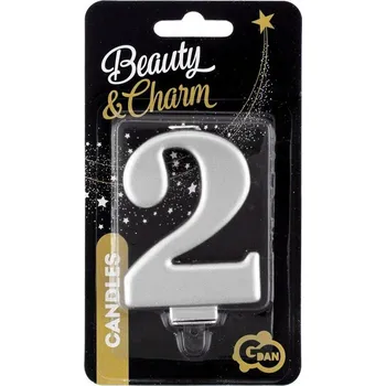 Party dekorace STŘÍBRNÁ SVÍČKA dekorace na dort číslice 2 K NAROZENINÁM metalická 8,0 cm