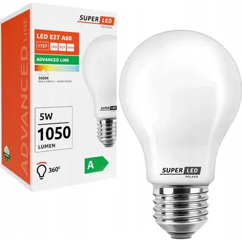 Žárovka LED žárovka A60 E27 Třída A 5W 1050 lm = 100W 3000K 360 stupňů SuperLED