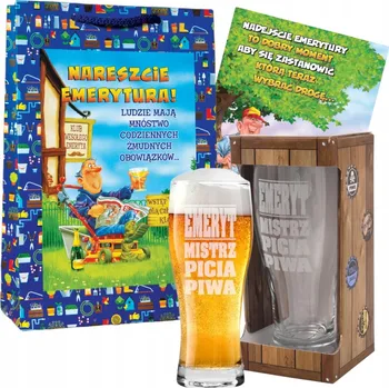 Sklenice Dárek pro důchodce - Pivní Sklenice Sklenice , přáníčko, taška, SADA