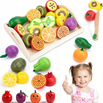 Dřevěná hračka DŘEVĚNÁ ZELENINA A OVOCE NA MAGNET SADA KE KRÁJENÍ HRAČKA VZDĚLÁVACÍ