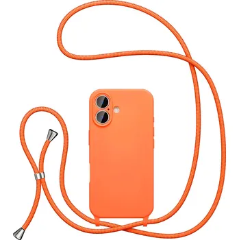 Pouzdro na mobilní telefon Silikonový kryt se šňůrkou a ochranou fotoaparátu pro iPhone 16 Barva: Oranžová