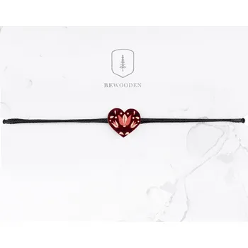 Náramek Dřevěný provázkový náramek Folklórní Srdce rudý - ruční práce - originál