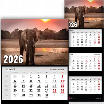 Obraz TRÍDÍLNÝ NÁSTĚNNÝ KALENDÁŘ 2026 KRAJINA PŘÍRODA SLONI AFRIKA VZOR