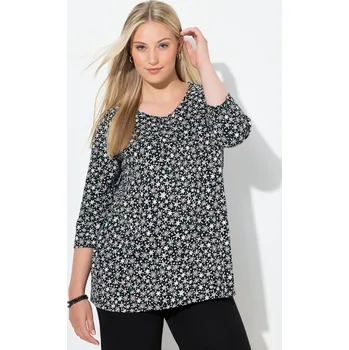 Dámské tričko Ulla Popken, Plus size Tričko, sněhové vločky, A střih, výstřih do V, 3/4 rukávy pro plnoštíhlé nadměrná velikost, 844889100-1128, černý, 42/44, Nadměrné velikosti, Plus size oblečení, Oblečení pro boubelky, Oblečení pro baculky, Oblečení pro plnoštíhlé, 