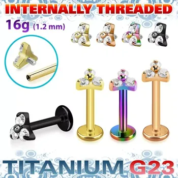 Piercing Titanový labret G23 různých barev s třemi krystaly UTLBIN13S InfinityPierce.cz (Krásný titanový piercing v různých barvách tyčinky se zirkony – bezpečný a hypoalergenní UTLBIN13S)