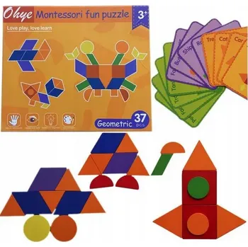 Dřevěná hračka DŘEVĚNÝ TANGRAM PUZZLE GEOMETRICKÉ TVARY KARTY LOGICKÁ HRA MONTESSORI