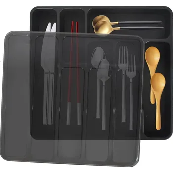 Úložný box Organizér na příbory s víkem, 6 přihrádek - ČERNÝ