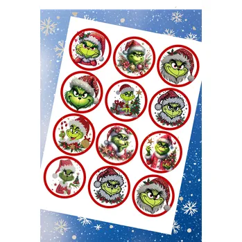 Jedlá dekorace na dort Fondánový list s výřezem: Vánoční Grinch – 12 koleček (⌀ 6 cm)