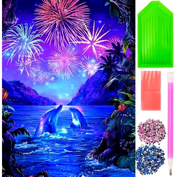 Obraz DIAMANTOVÁ VÝŠIVKA Delfíni OHŇOSTROJ SADA NA VYŠÍVÁNÍ