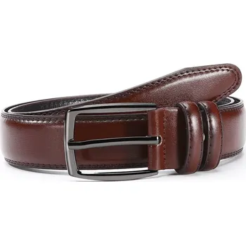 Opasek ELEGANTNÍ PÁNSKÝ KOŽENÝ OPASEK KE KALHOTÁM S KOVOVOU PŘEZKOU, LESKLÝ, TMAVĚ HNĚDÝ