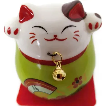 Kočka Štěstí Maneki Neko rolnička / zelená Keramika