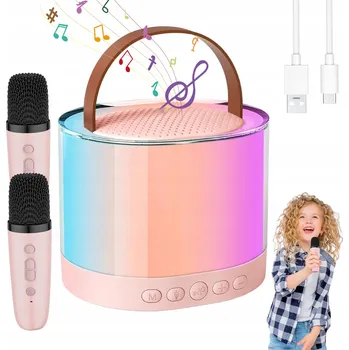 MINI BEZDRÁTOVÝ BLUETOOTH REPRODUKTOR S KARAOKE SADOU A 2 MIKROFONY RŮŽOVÝ