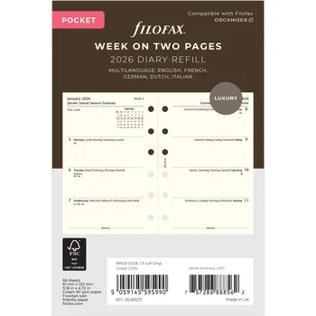 Náplň do diáře Filofax, Kalendář 2026 kapesní, týden/2 strany, krémová, 5 jazyků