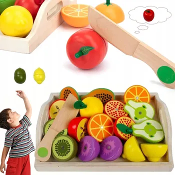 Dřevěná hračka SADA DŘEVĚNÁ ZELENINA A OVOCE K KRÁJENÍ NA MAGNET DÁREK PRO DĚTI