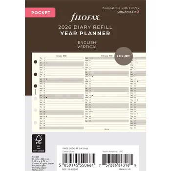 Náplň do diáře Filofax, Plánovací Kalendář 2026 kapesní, vertikální, krémová, AJ