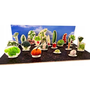 Dřevěná hračka Do zahrádky, dřevěné puzzle se zeleninou, skládání podle předlohy, stojící
