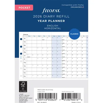 Náplň do diáře Filofax, Plánovací Kalendář 2026 kapesní, horizontální, AJ