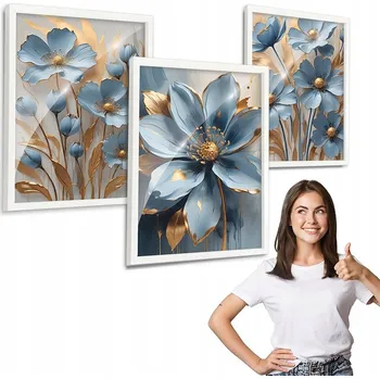 Obraz Sada 3 obrazů, motiv modré květiny se zlatem, bílý rámeček 40x50, triptych