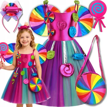 Karnevalový kostým KOSTÝM ŠATY DUHOVÁ VÍLA CUKROVÁ PRINCEZNA LOLLIPOP BAL 140 146