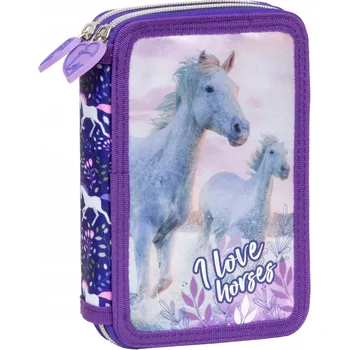 Penál Školní dvoupatrový plně vybavený penál koně I Love Horses