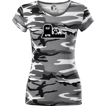 Dámské tričko RIP - Náhrobek - Jitrnice - Ovečka - Dámské maskáčové triko - XS ( Šedý maskáč )