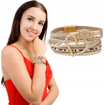 Náramek Dámský vícevrstvý náramek se srdíčkem, krystaly a řemínky – béžový